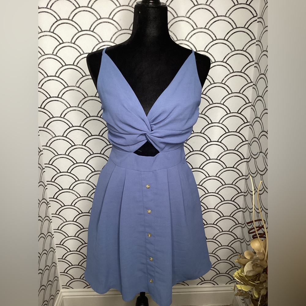 Olive Scent Blue Cutout Swing Dress – Size Small | Tie-Back & Peekaboo Detail